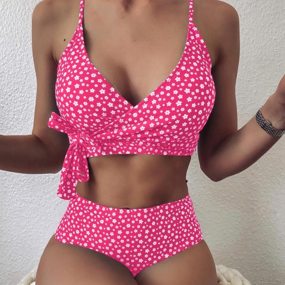 Other - Boho Neon Pink Floral Print Tie V neck Bikini swim